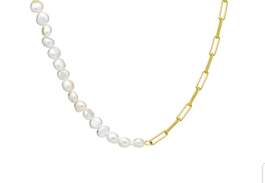 Gold plated, sterling silver and pearl necklace 